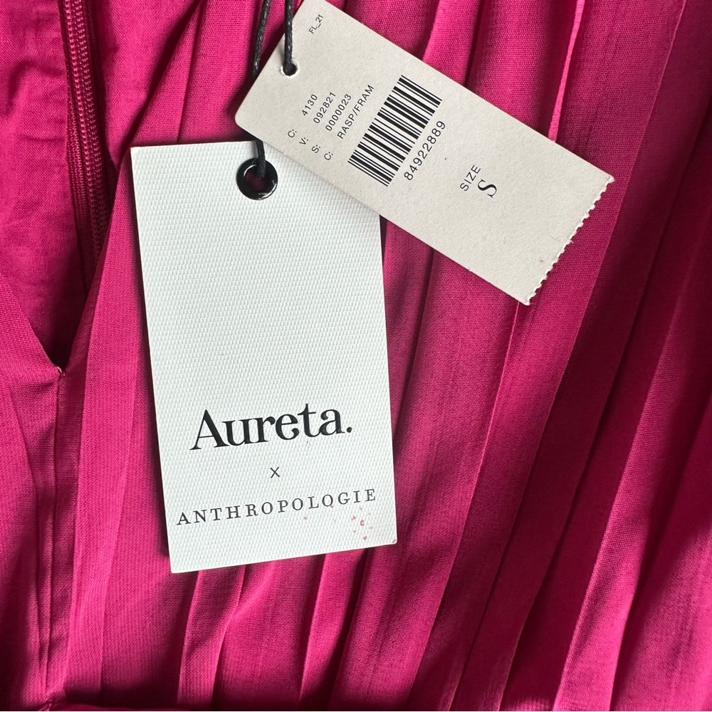 Anthropologie Aureta Pleated Long-Sleeve V Neck Midi Dress Raspberry Sz S NEW - Picture 11 of 11